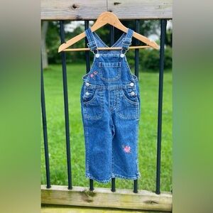 Vintage Girls Genuine Kids Oshkosh Denim Overalls with Embroidered Flowers